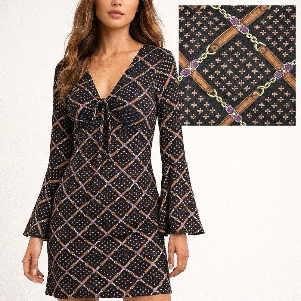 Trixxi Dress Bell Sleeve Chain Print Tie Front USA Junior Medium Purple Brown